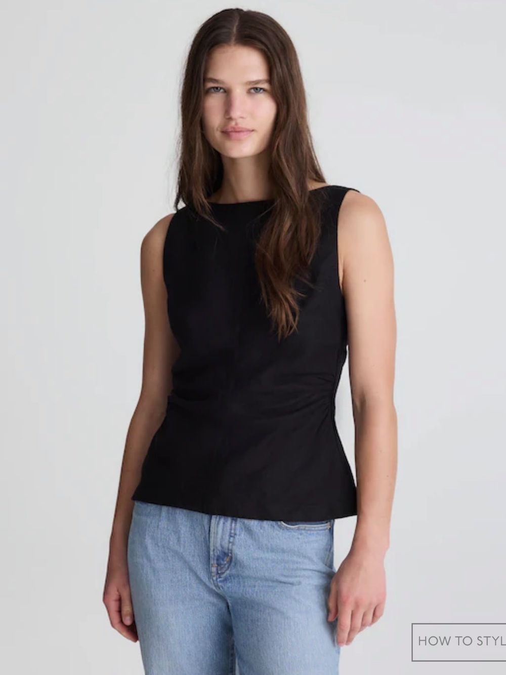 Madewell Cinched Boatneck Sleeveless Top in 100% Linen - Jet Black